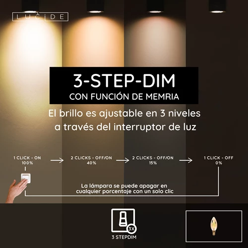 Lucide C35 - Lámpara de filamento - Ø 3,5 cm - LED 3 StepDim (Memoria) - E14 - 1x3W 2200K - Ámbar - USP